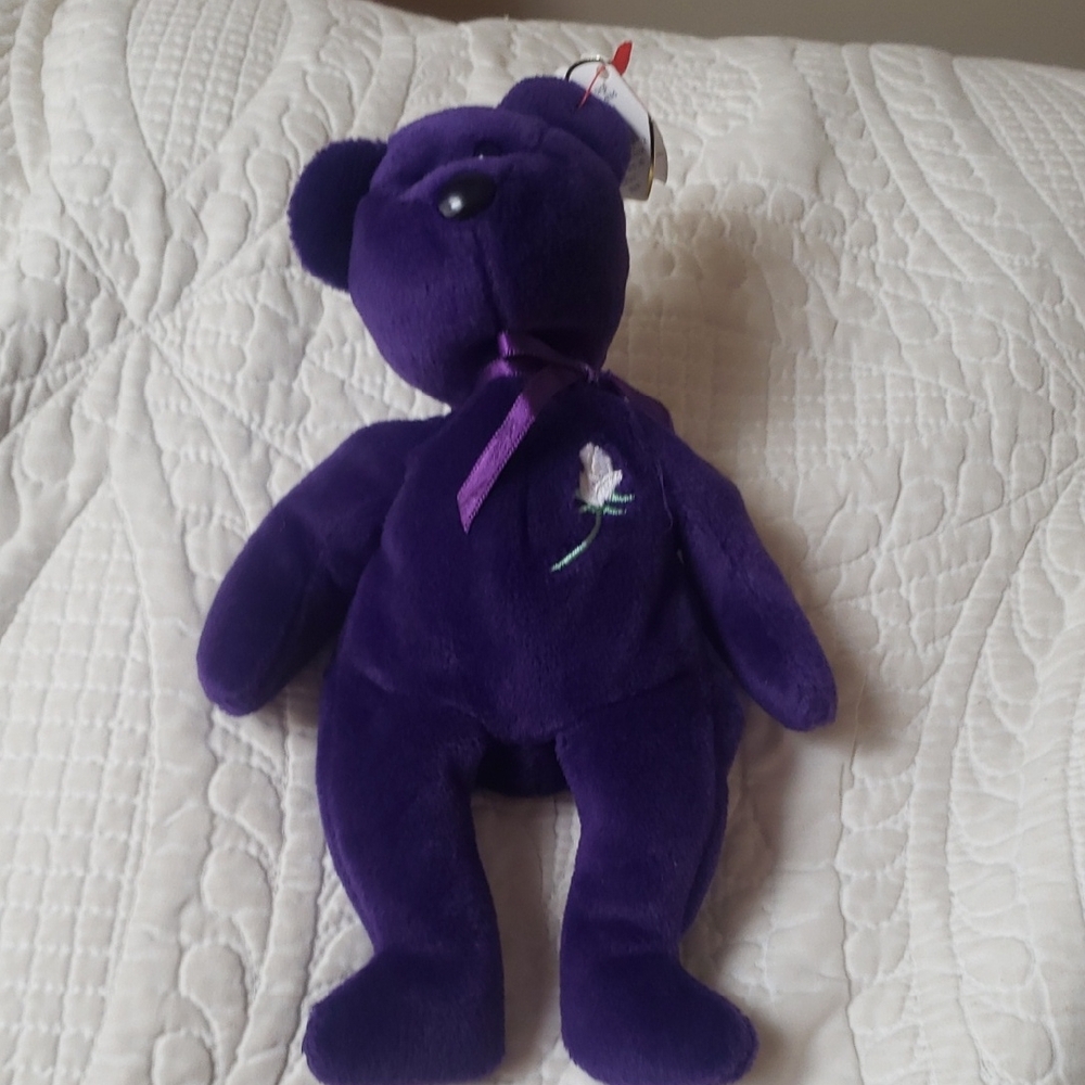 Ty Purple Stuffed Bear with Rose Embroidery